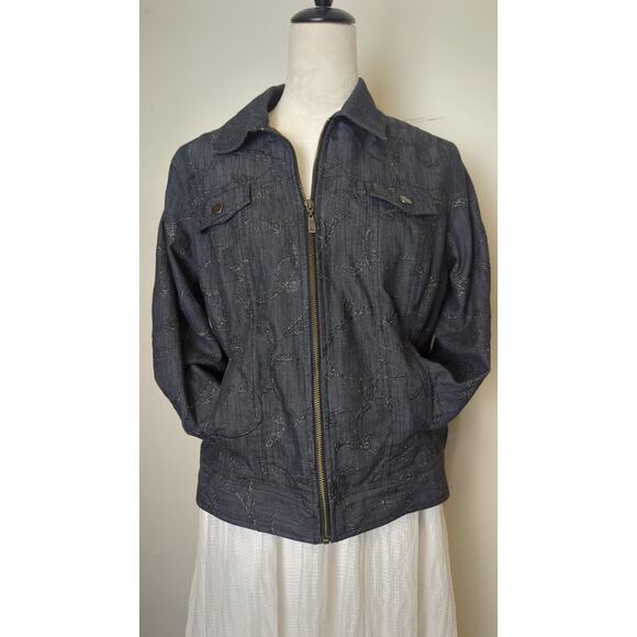 Boho Chic Dark Zip Up Denim Jacket Whimsical Embroidered Embellishment Size 12 - Picture 9 of 9